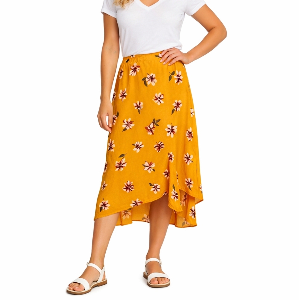 Soprano Mustard Yellow Floral High Low Midi Skirt Size Small